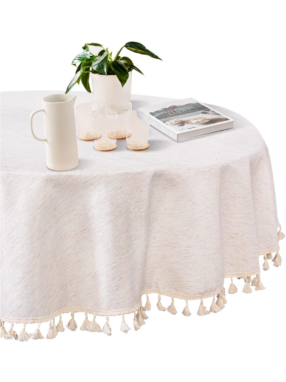 NEW MYSKY HOME Table Cloth Round Tablecloth. Heavy Duty Fabric w/ Beige Tassels